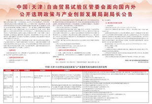 中国 天津 自由贸易试验区管委会面向国内外公开选聘政策与产业创新发展局副局长公告
